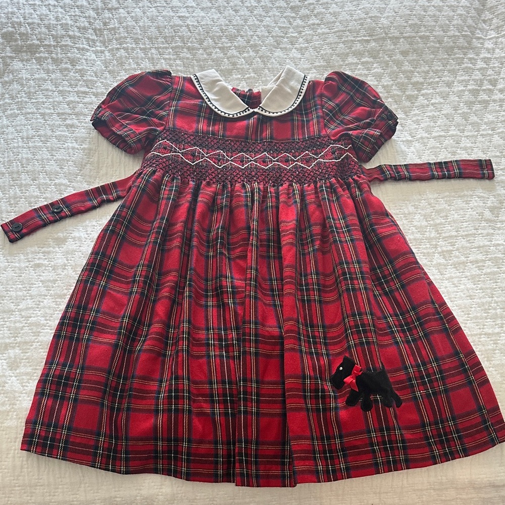 Smocked Red Plaid Dress with Scottie Dog Embroidery